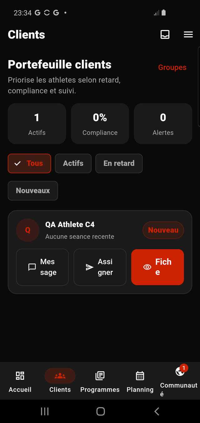 Liste des clients du coach dans 2STRIVE