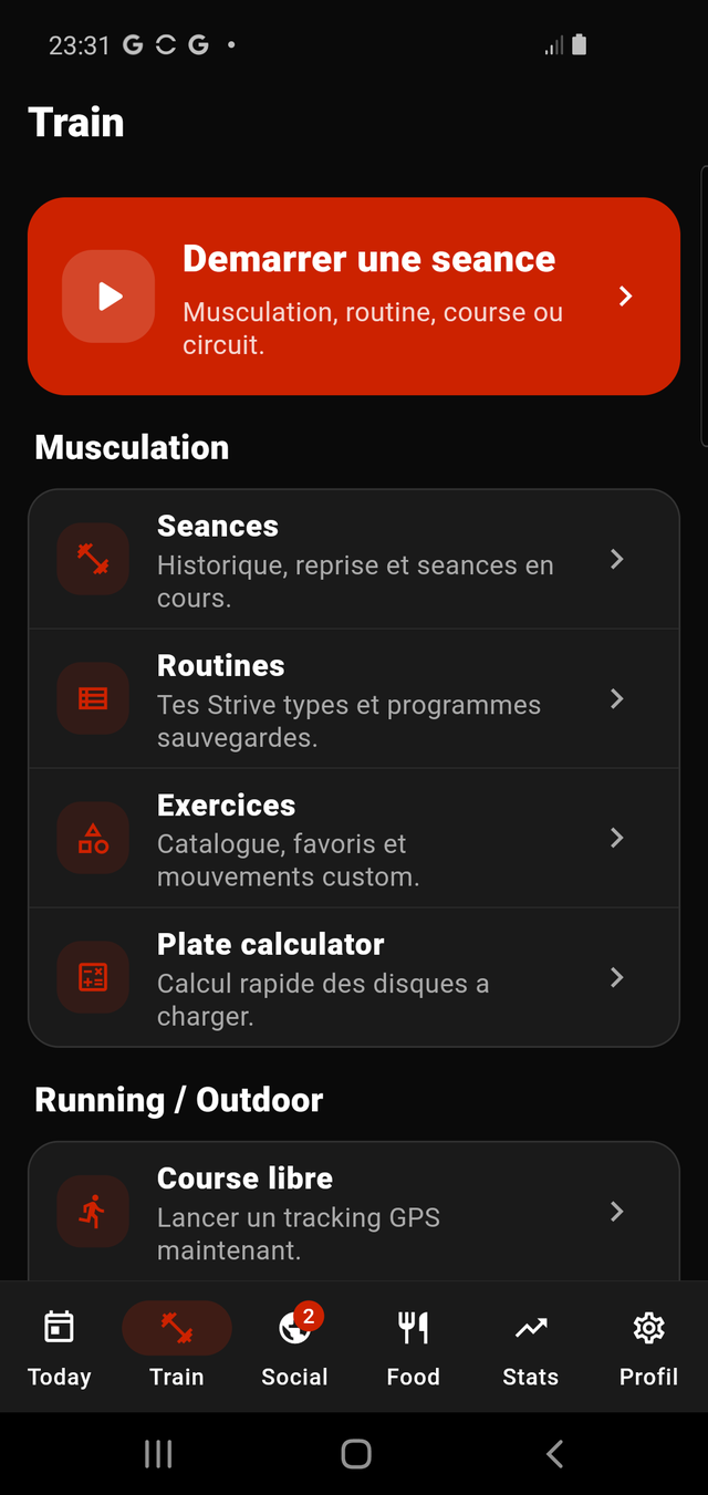 Menu Démarrer une séance dans 2STRIVE